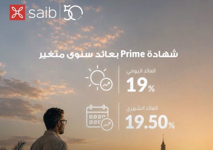 بنك saib يرفع العائد على شهادة «Prime» المتغيرة إلى عائد سنوي 19.5% يصرف شهرياً